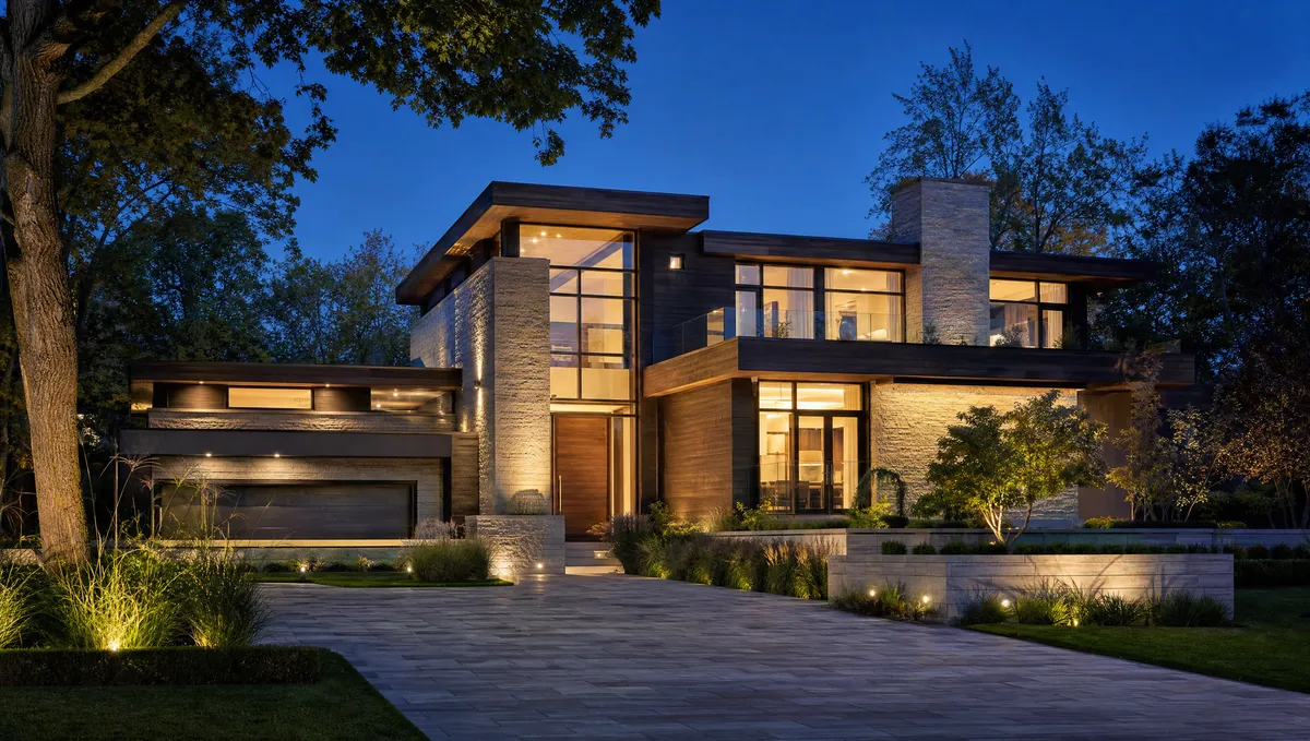 Completed luxury custom home in Toronto at twilight with landscaped interlocking driveway