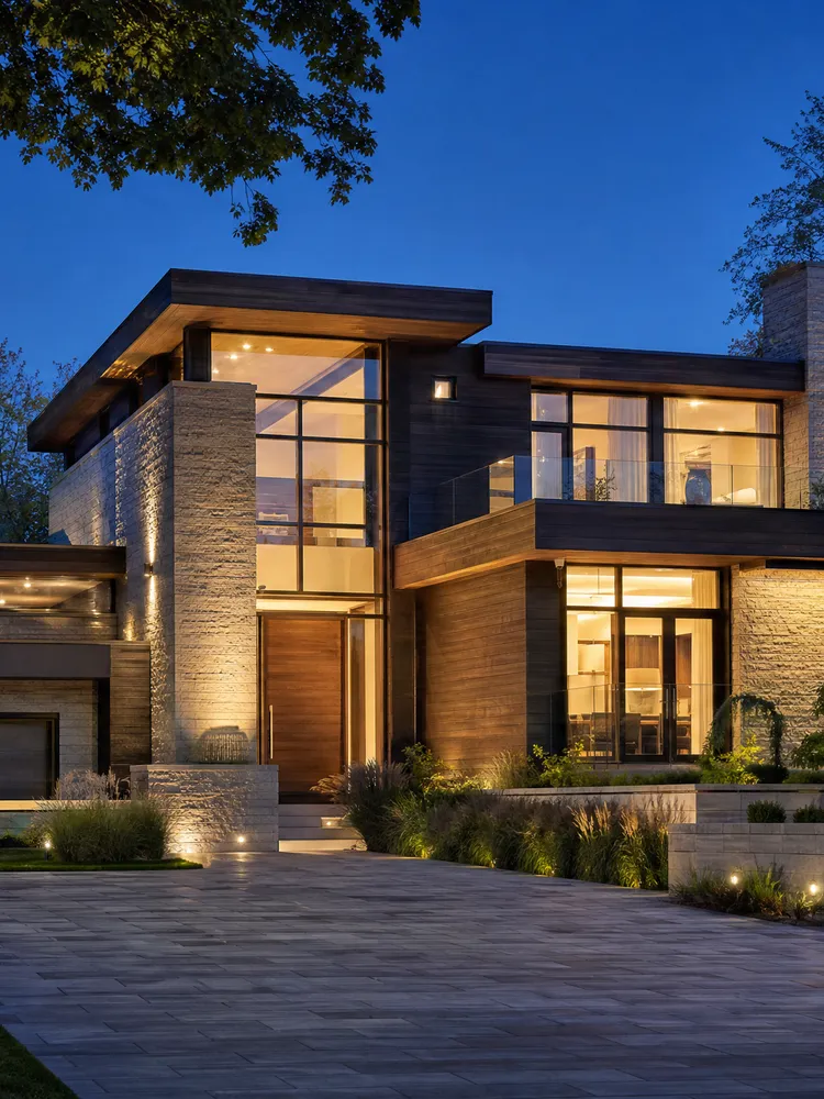 Luxury custom home in Toronto at dusk — stone facade and glowing windows