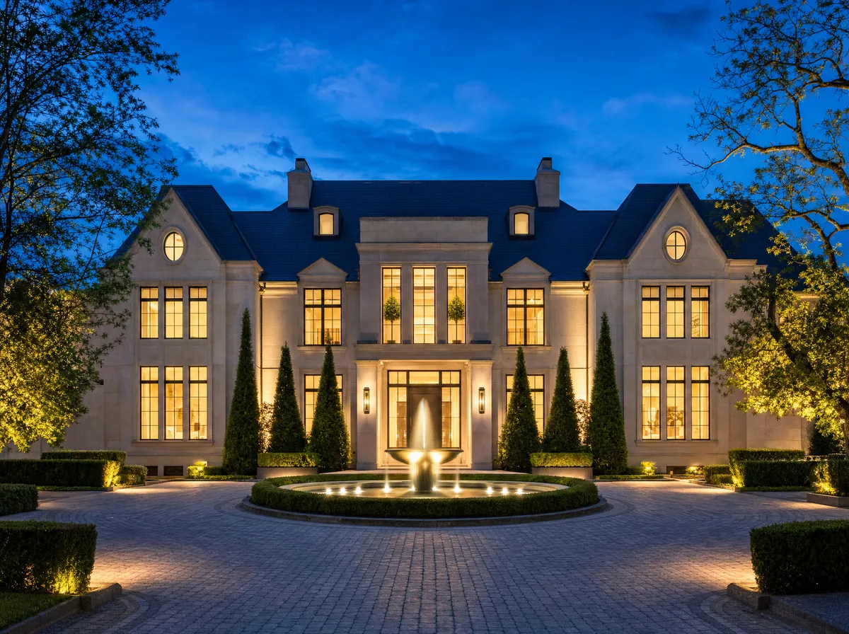 Completed custom home construction on The Bridle Path, Toronto — limestone estate with interlocking courtyard driveway at dusk