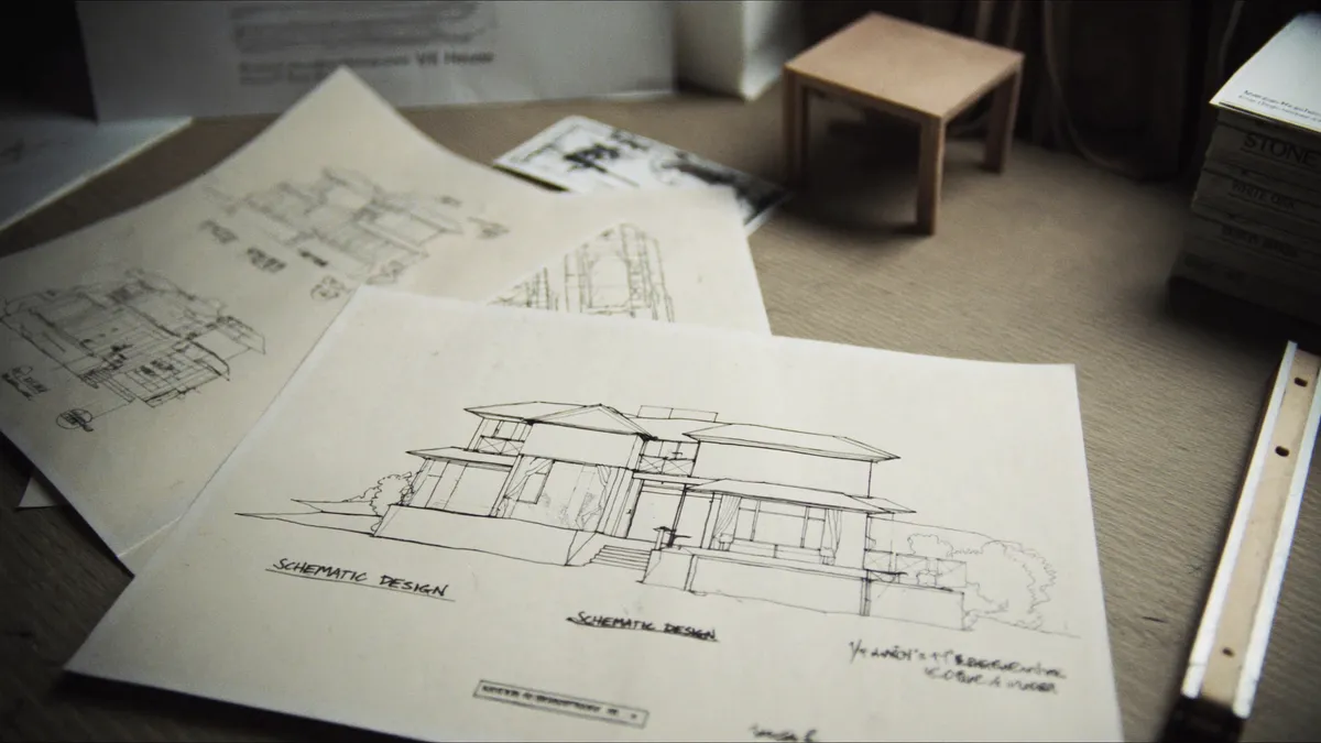 Architectural drawings and material palette in a Toronto design-build studio